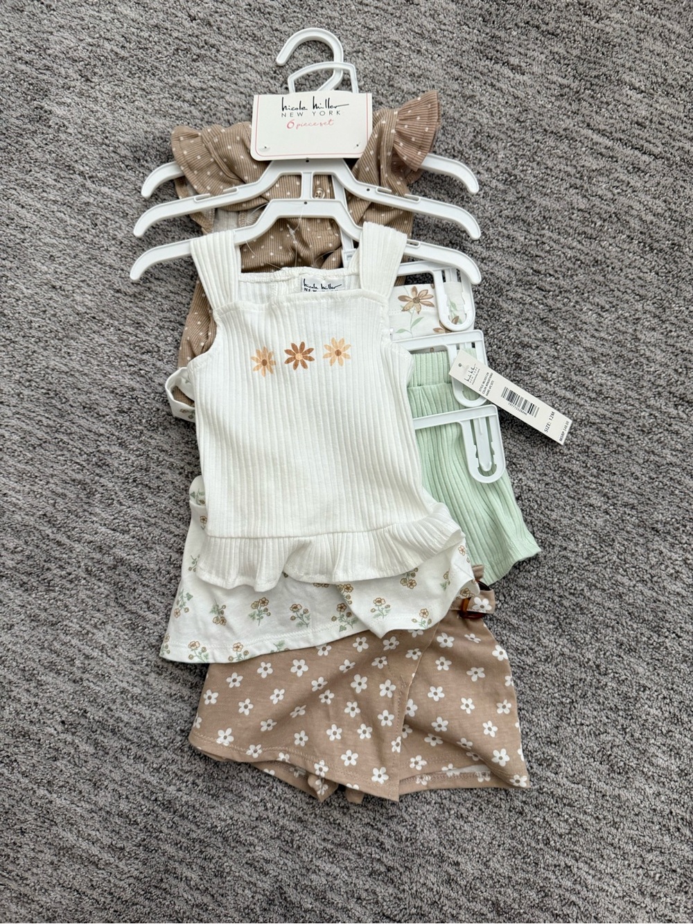 Nicole Miller 6pc Neutral Floral Tank & Shorts Set - Cream, Tan, Green